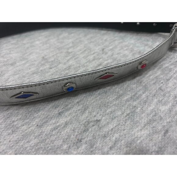 Jeweled Silver Leather Belt Women's Size Medium Rhinestone Rivet Stone - Picture 3 of 8